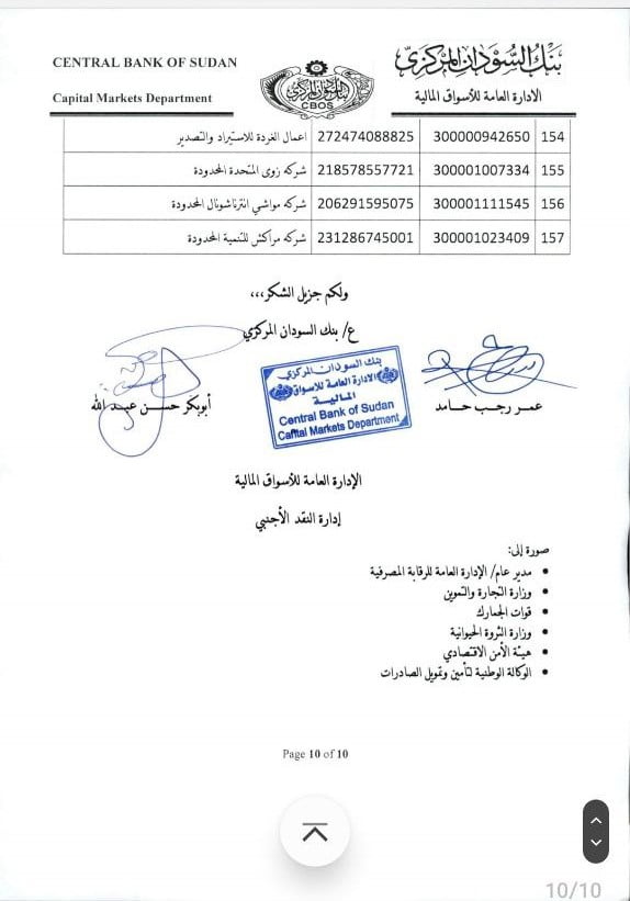 في قرار جديد حظر بنك السودان المركزي، 157 شركة لعدم الالتزام بتوريد حصائل الصادر.