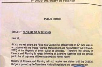 اتخذت وزارة المالية والتخطيط بدولة جنوب السودان خطوة غير مسبوقة بتعليق المدفوعات لهيئات الإنفاق الحكومية مع انتهاء العام المالي 2023/2024، يوم الأحد.